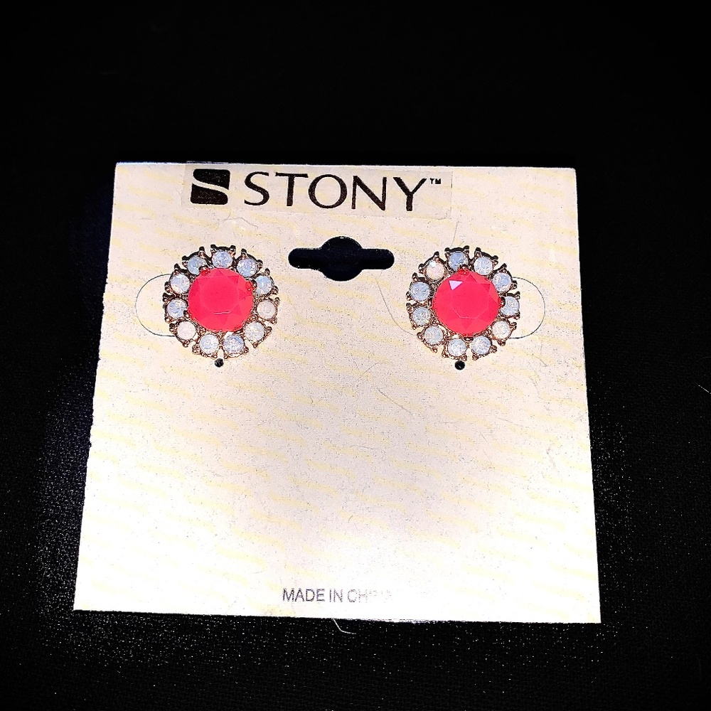 Pink Stone with Opal Surround Stud Earrings